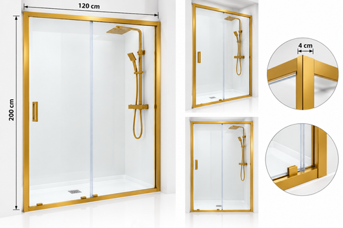 کابین دوش شیشهای ریلی دنیز طلایی، تکضلعی با دو لنگه شیشهای شامل یک لنگه ثابت و یک درب کشویی، شیشه سکوریت سوپرکلیر ۶ میل و فریم آلومینیومی طلایی در ابعاد ۱۲۰×۲۰۰ سانتیمتر