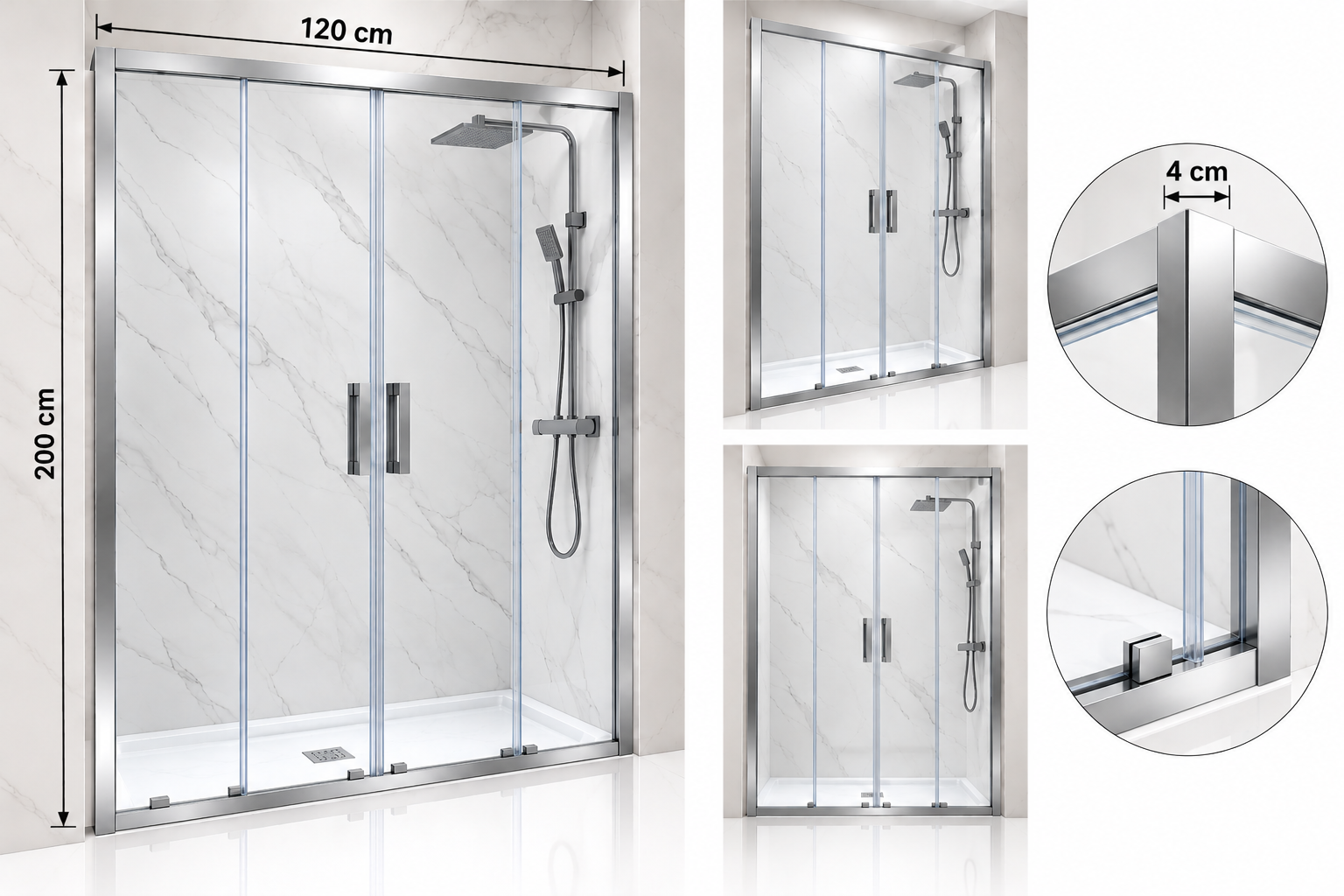 کابین دوش شیشه‌ای ریلی دنیز کروم، تک‌ضلعی با چهار لنگه شیشه‌ای شامل دو لنگه ثابت و دو درب کشویی، شیشه سکوریت سوپرکلیر ۶ میل و فریم آلومینیومی کروم در ابعاد ۱۲۰×۲۰۰ سانتی‌متر