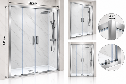 کابین دوش شیشهای ریلی دنیز کروم، تکضلعی با چهار لنگه شیشهای شامل دو لنگه ثابت و دو درب کشویی، شیشه سکوریت سوپرکلیر ۶ میل و فریم آلومینیومی کروم در ابعاد ۱۲۰×۲۰۰ سانتیمتر