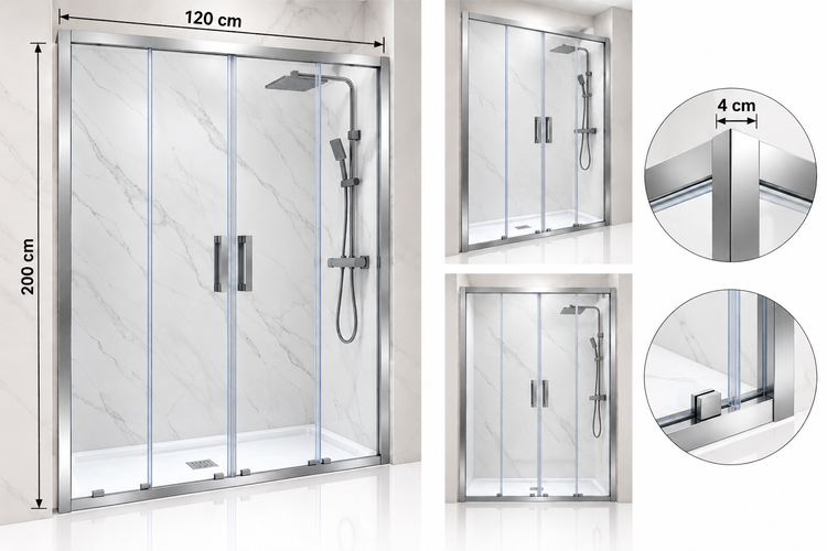 کابین دوش شیشهای ریلی دنیز کروم، تکضلعی با چهار لنگه شیشهای شامل دو لنگه ثابت و دو درب کشویی، شیشه سکوریت سوپرکلیر ۶ میل و فریم آلومینیومی کروم در ابعاد ۱۲۰×۲۰۰ سانتیمتر