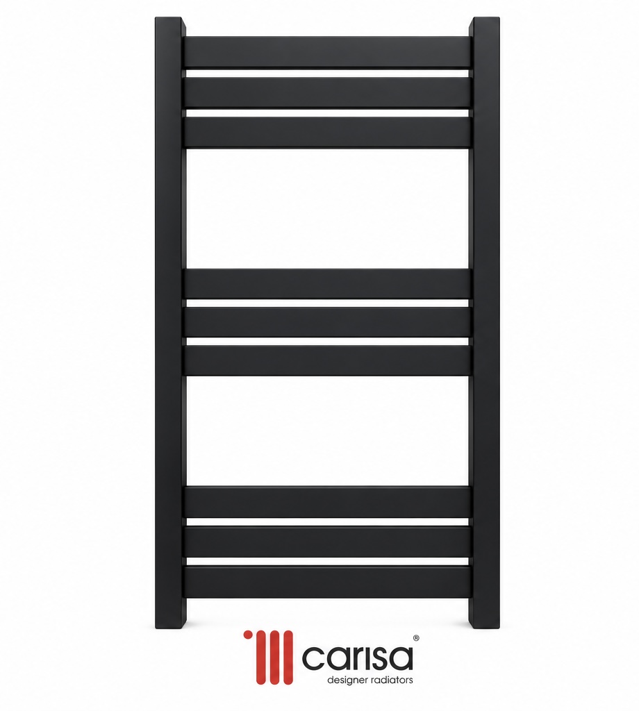 حوله خشک‌کن فولادی مشکی کاریسا Carisa ساخت ترکیه، دارای ۹ پره تخت، ارتفاع ۱۲۰ و عرض ۵۳ سانتی‌متر، طراحی مدرن با آکس ۵۰ سانتی‌متر